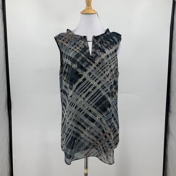 Cabi Top Womens M Medium Plaid Floral Graphic Trellis Ruffled Collar Keyhole Tie - Picture 2 of 13